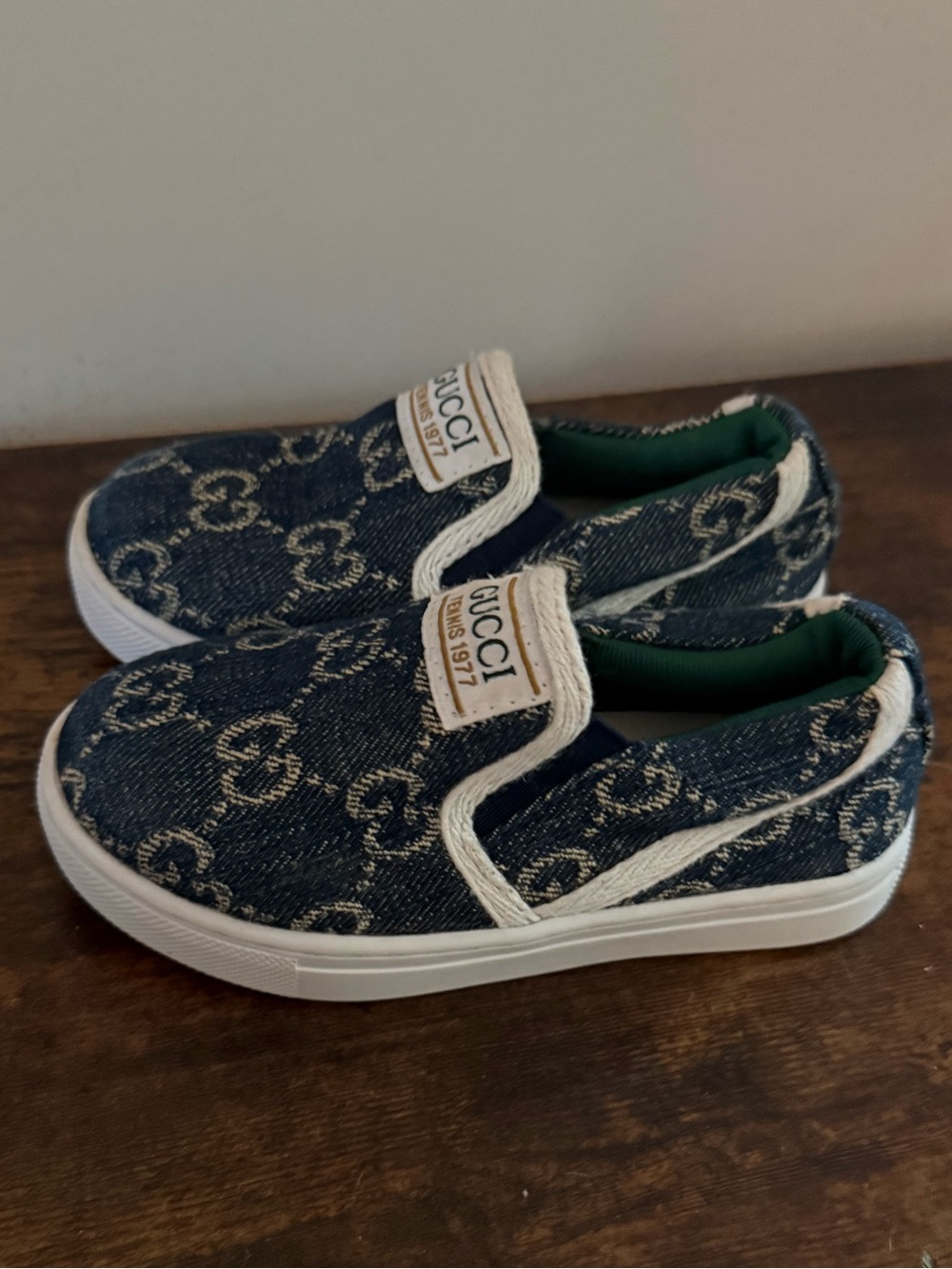 Gucci Kids Denim Monogram Slip-On Sneakers in Blue and White